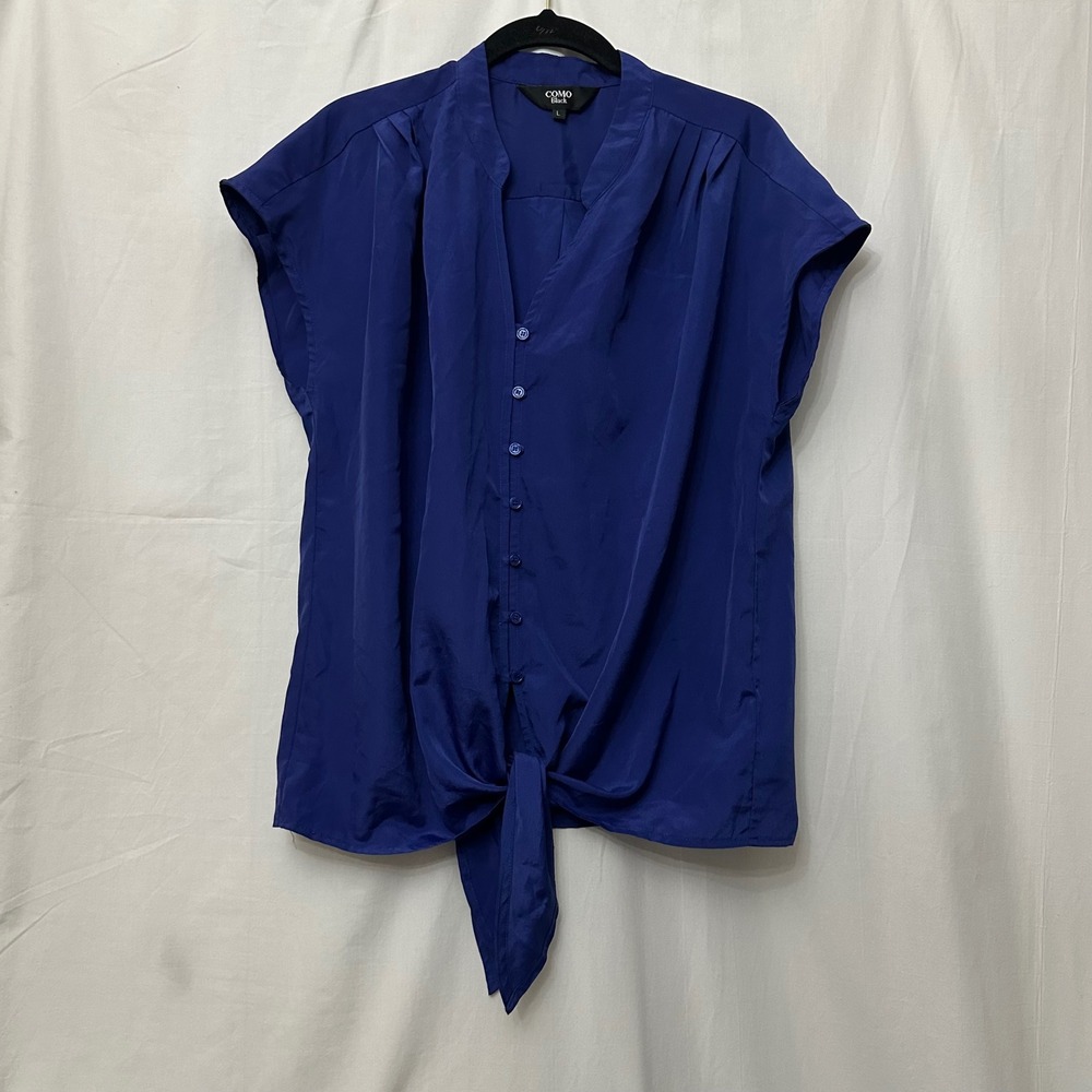 Como Black Royal Blue Tie Hem Button Front Blouse Top H59085 Blue Large